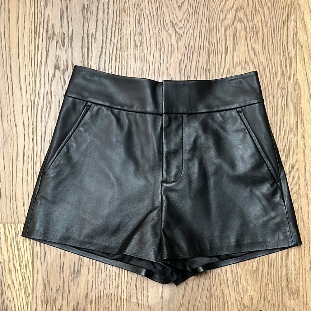 Alice + Olivia CADY Black Leather High Waist Shorts